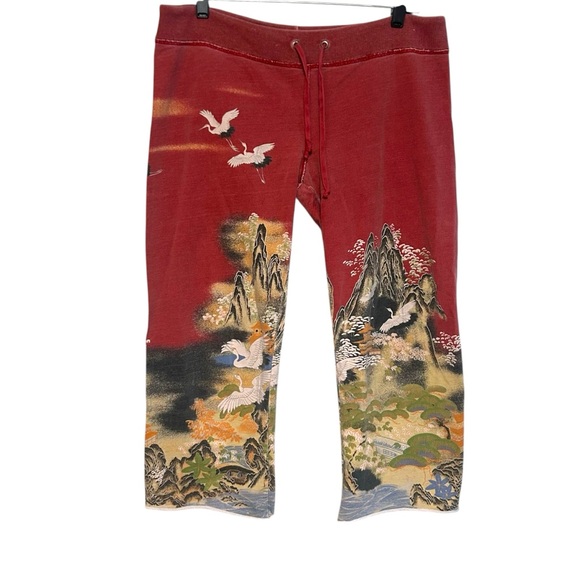 Lucky Brand Pants - Y2K lucky brand M-L sweatpants cropped crane AOP Asian graphic indie vintage